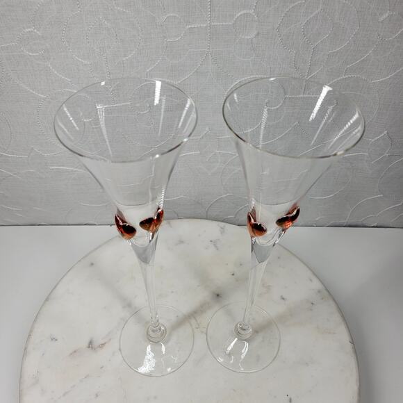 Heart Champagne Flutes 11.5" Red Bohemia Blown Glass Wedding Toast Set of 2 - Picture 6 of 16